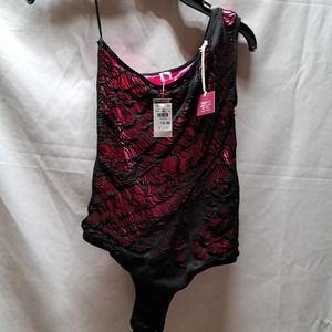 Poof Hot Pink Black Embroidered S/M Asymmetric Snap bodysuit
